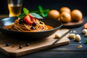 spaghetti with tomato sauce and cheese on a wooden table. AI-Generated photo