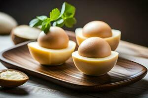 three eggs in shells on a wooden tray. AI-Generated photo