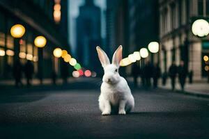 blanco Conejo en el ciudad. generado por ai foto