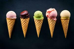cinco diferente sabores de hielo crema en conos en un negro antecedentes. generado por ai foto