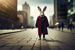 a rabbit wearing a red coat and standing on a city street. AI-Generated photo