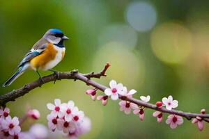 a bird sits on a branch with pink flowers. AI-Generated photo