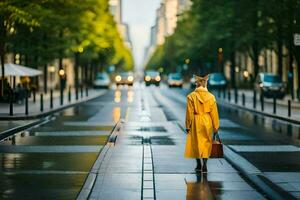 a woman in a yellow raincoat walks down a street. AI-Generated photo