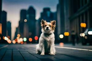 a dog sitting on the street in front of a city. AI-Generated photo