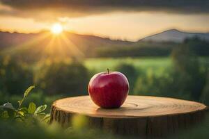 a red apple on a stump in the sunset. AI-Generated photo