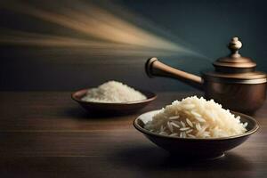 el arroz es en un cuenco y el tetera es en el mesa. generado por ai foto