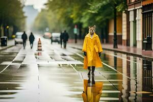 un persona en un amarillo impermeable caminando abajo un calle. generado por ai foto