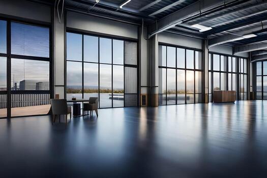 an empty warehouse with large windows and a table. AI-Generated photo