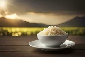 rice in a bowl on a table. AI-Generated photo