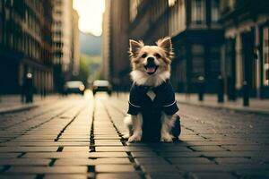 a dog wearing a suit sits on the street. AI-Generated photo