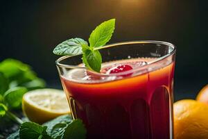 a glass of juice with fresh fruit and mint leaves. AI-Generated photo