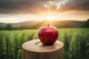 an apple sits on top of a stump in a field. AI-Generated photo