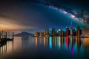 el lechoso camino terminado el ciudad horizonte a noche. generado por ai foto