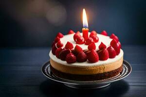 a birthday cake with strawberries and a candle. AI-Generated photo