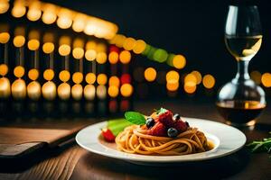 spaghetti with tomato and basil on a plate. AI-Generated photo