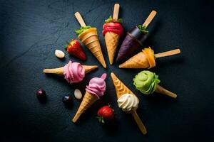ice cream on sticks arranged in a circle. AI-Generated photo