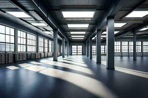 an empty warehouse with large windows and lots of light. AI-Generated photo