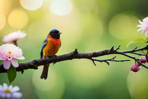 a colorful bird sits on a branch with flowers. AI-Generated photo