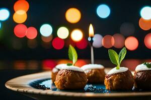 small food items on a plate with a candle. AI-Generated photo