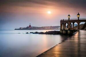 un muelle con un faro a puesta de sol. generado por ai foto