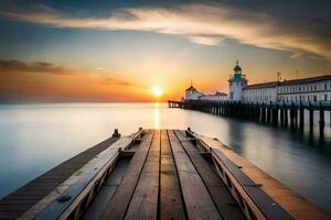 a pier with a lighthouse at sunset. AI-Generated photo