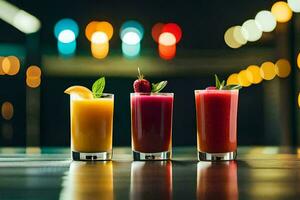Tres diferente de colores bebidas son forrado arriba en un mesa. generado por ai foto