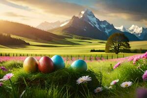 Pascua de Resurrección huevos en el prado. generado por ai foto