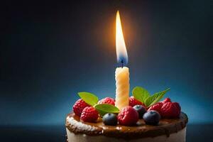 a birthday cake with a single candle. AI-Generated photo