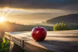un manzana se sienta en un de madera mesa en frente de un puesta de sol. generado por ai foto