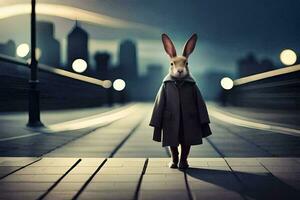 a rabbit in a coat standing on a bridge. AI-Generated photo