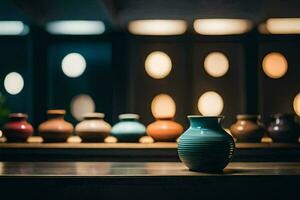 a row of vases on a table in front of a wall. AI-Generated photo