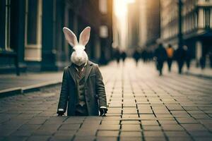 un Conejo vistiendo un traje y Corbata soportes en el medio de un ciudad calle. generado por ai foto