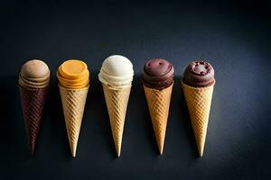 five ice cream cones in a row on a black background. AI-Generated photo