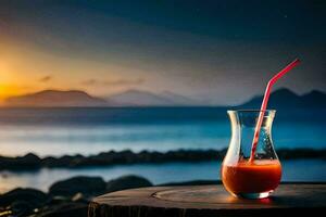 un vaso de jugo en un mesa con un puesta de sol en el antecedentes. generado por ai foto