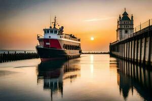 a ferry boat docked at sunset in front of a building. AI-Generated photo