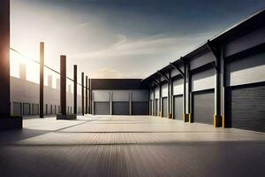 a warehouse with two large doors and a sun shining. AI-Generated photo