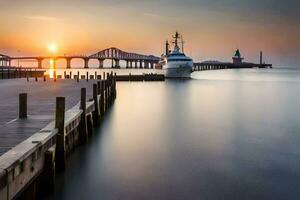 a boat docked at the pier at sunset. AI-Generated photo