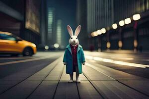 un Conejo en un azul Saco soportes en el medio de un ciudad calle. generado por ai foto