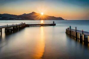 el Dom sube terminado el Oceano y muelle a puesta de sol. generado por ai foto