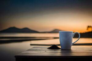 coffee cup on the table with a view of the sea and mountains. AI-Generated photo