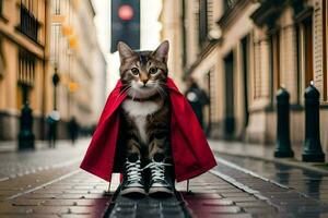 a cat wearing a red cape and sneakers on a city street. AI-Generated photo