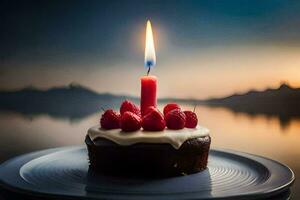 a birthday cake with a single candle on top. AI-Generated photo