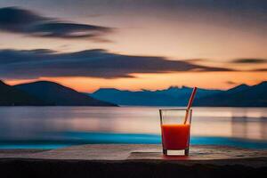 glass of orange juice on the balcony of a hotel overlooking the lake. AI-Generated photo