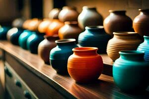 colorful vases on a shelf. AI-Generated photo