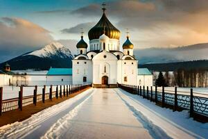 a church in the snow with a bridge and mountains in the background. AI-Generated photo