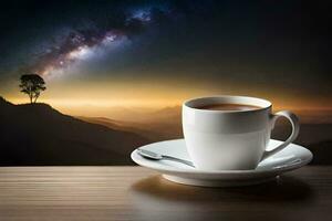 a cup of coffee on a table with a view of the milky way. AI-Generated photo