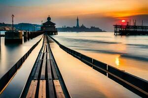 a long pier with a lighthouse in the background. AI-Generated photo