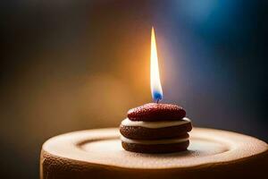 a single candle is lit on top of a cake. AI-Generated photo