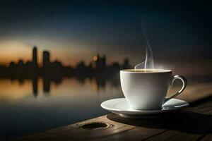 a cup of coffee on a wooden table with a city in the background. AI-Generated photo