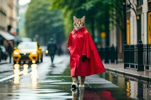 a cat in a red coat walking down a street. AI-Generated photo